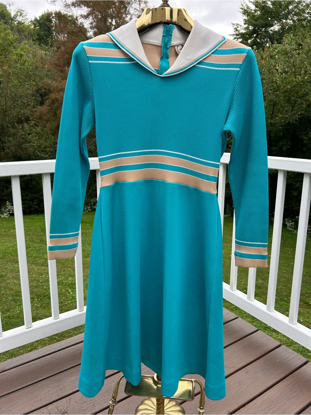 Vintage Bettina International Teal Sailor Collar Knit Dress with Beige Stripes